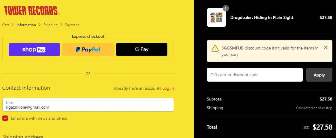 Tower Records checkout page showing Tower Records discount code box | Screenshot taken by SimplyCodes community member on Nov 6, 2022