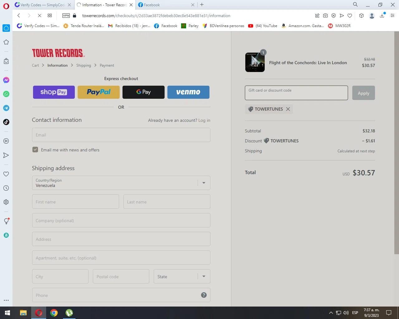 Tower Records checkout page showing Tower Records discount code box | Screenshot taken by SimplyCodes community member on Mar 9, 2023