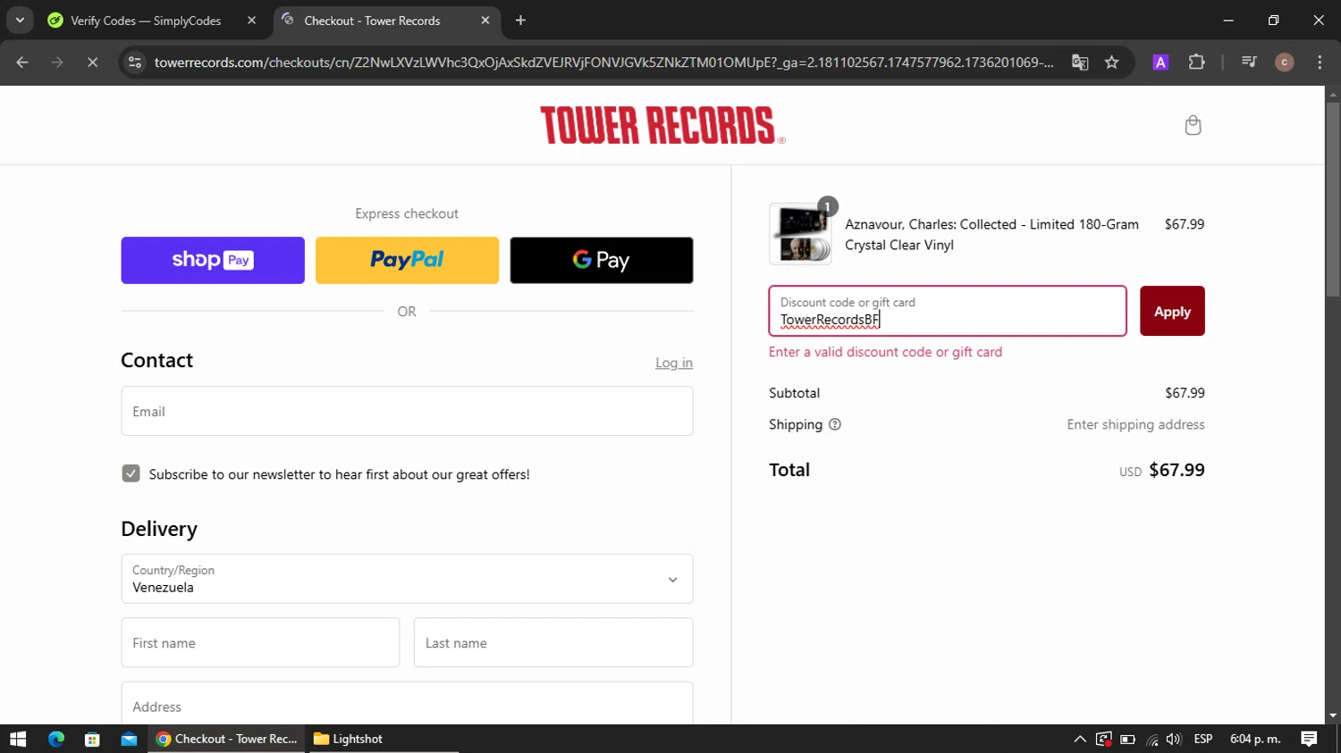 Tower Records discount code screenshot showing code TowerRecordsBF applied at Tower Records checkout page. Uploaded by SimplyCodes community member VoucherRanger901 on Jan 6, 2025