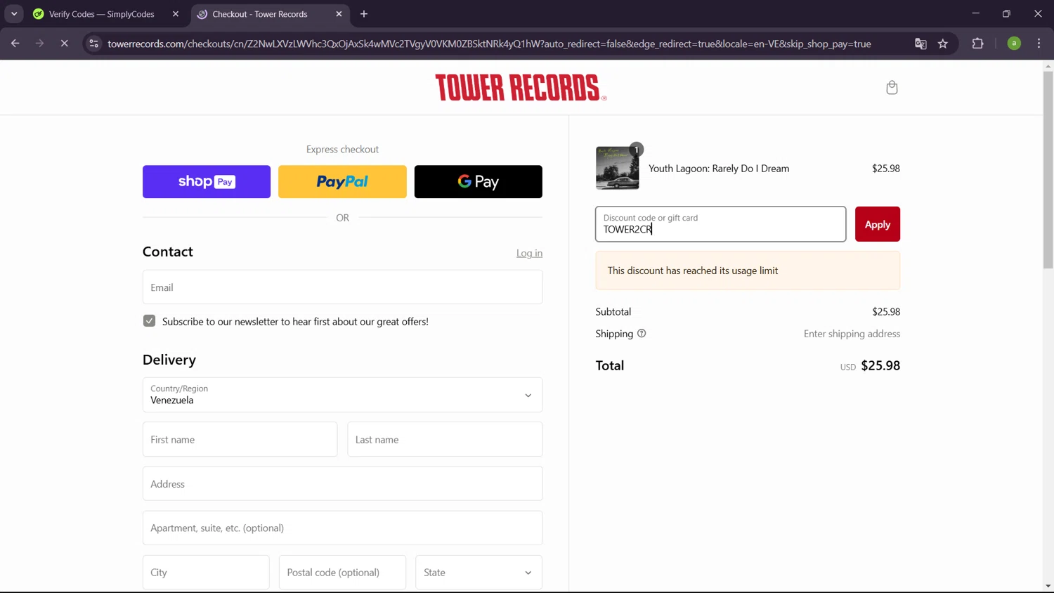 Tower Records discount code screenshot showing code TOWER2CR applied at Tower Records checkout page. Uploaded by SimplyCodes community member SavingsHero9122 on Feb 26, 2025
