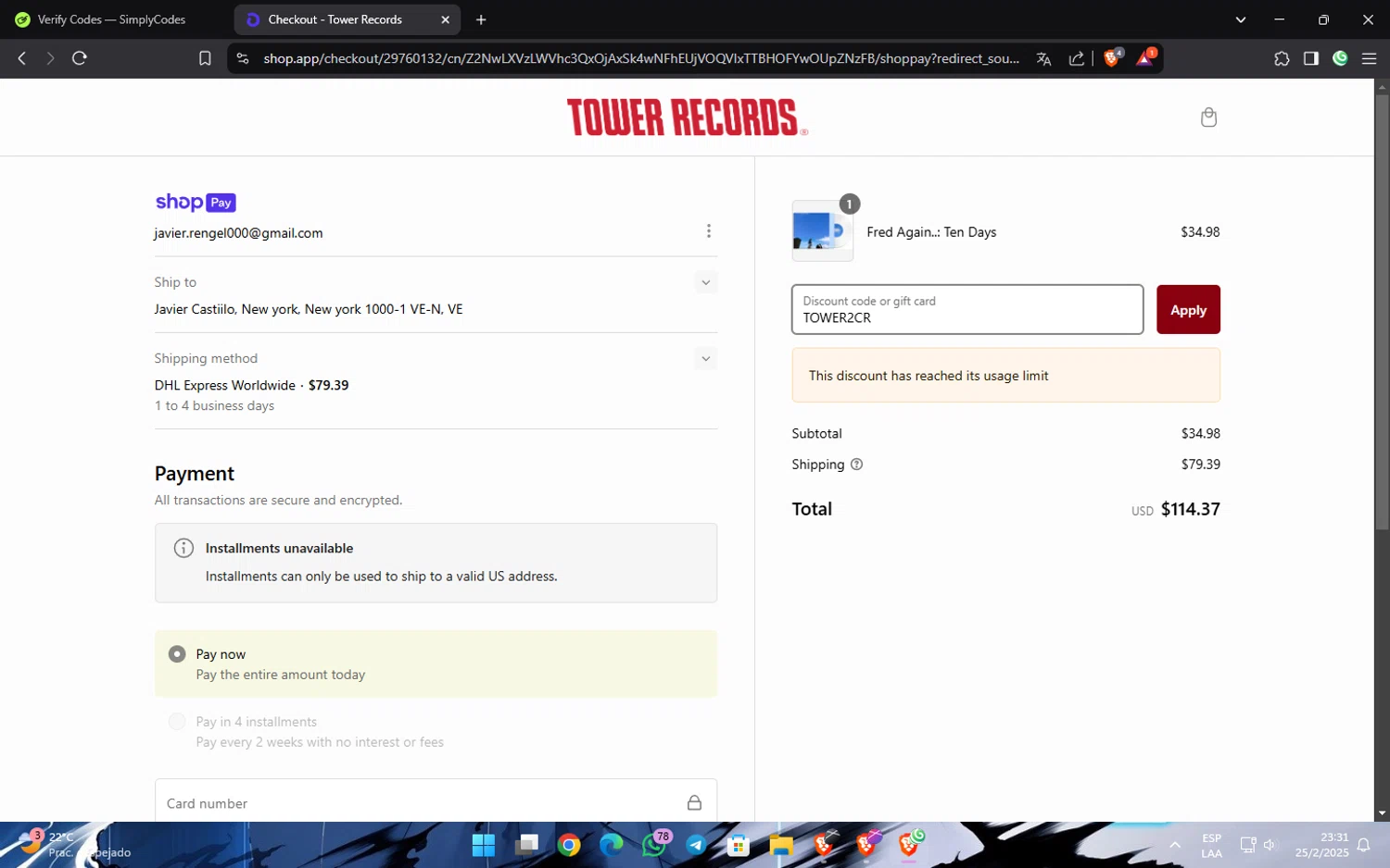 Tower Records discount code screenshot showing code TOWER2CR applied at Tower Records checkout page. Uploaded by SimplyCodes community member Widopalacios on Feb 26, 2025