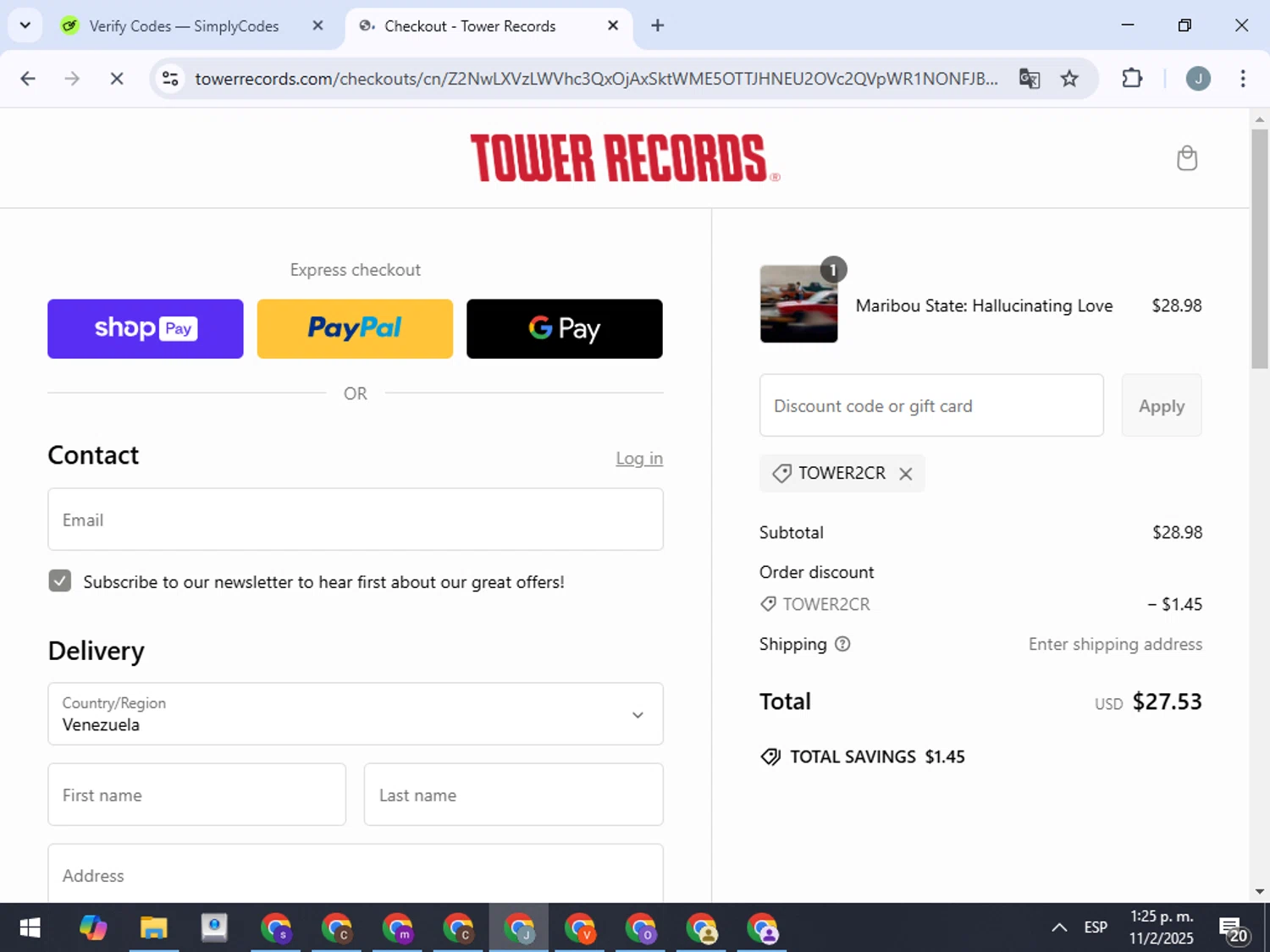 Tower Records checkout page showing Tower Records discount code box | Screenshot taken by SimplyCodes community member on Feb 11, 2025