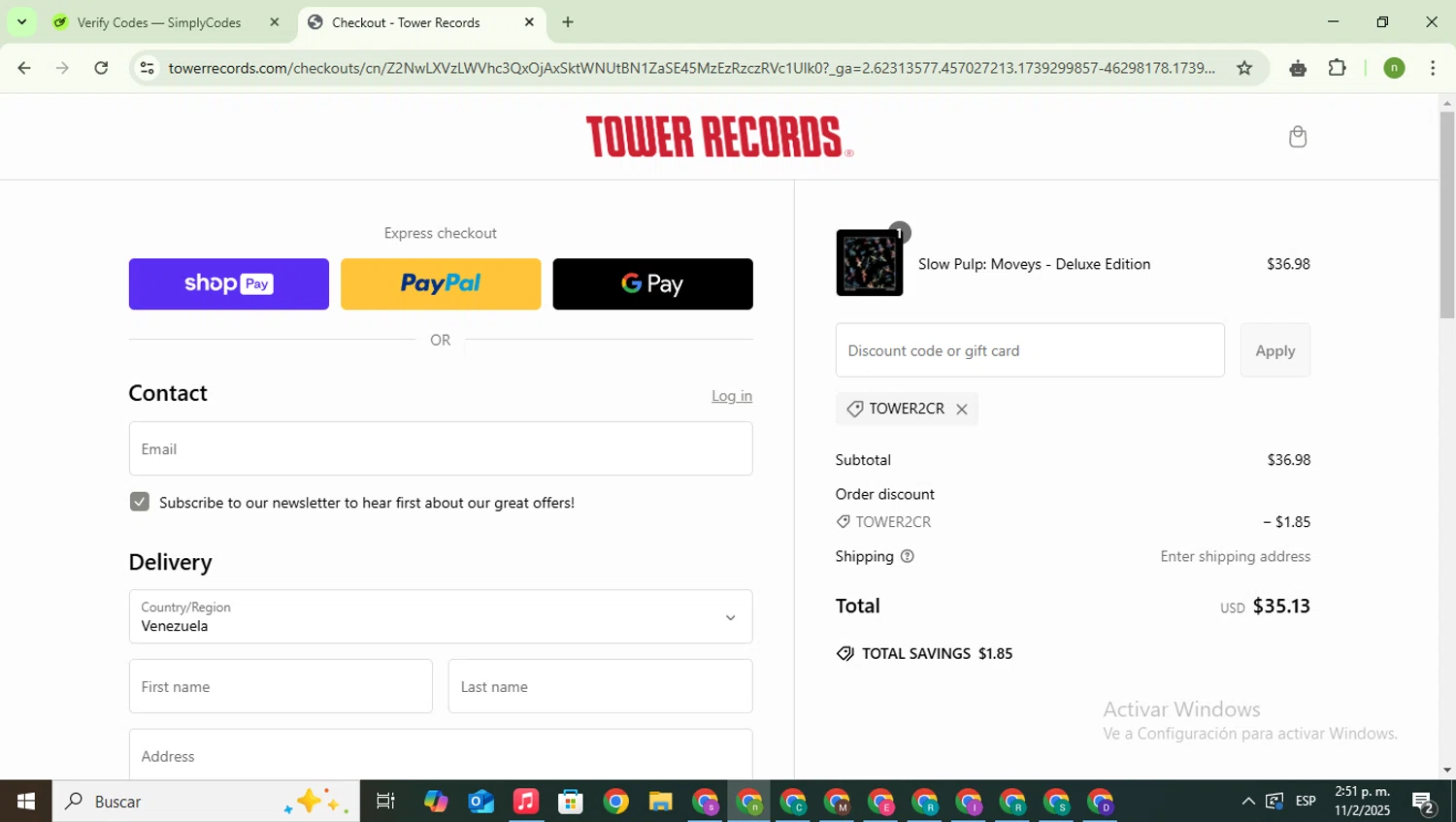 Tower Records checkout page showing Tower Records discount code box | Screenshot taken by SimplyCodes community member on Feb 11, 2025