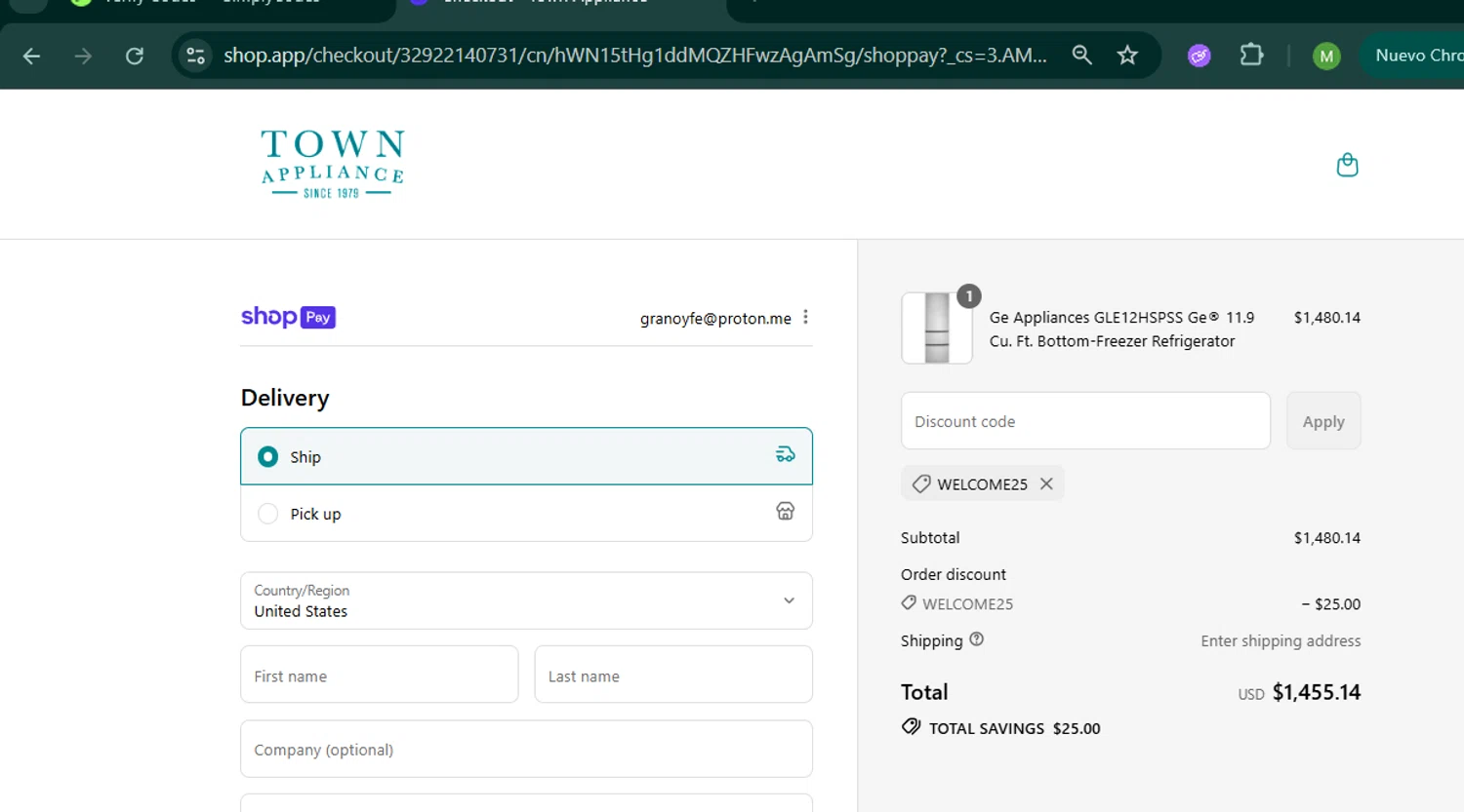 Town Appliance coupon code screenshot showing code WELCOME25 applied at Town Appliance checkout page. Uploaded by SimplyCodes community member MARCVH on Jul 27, 2025