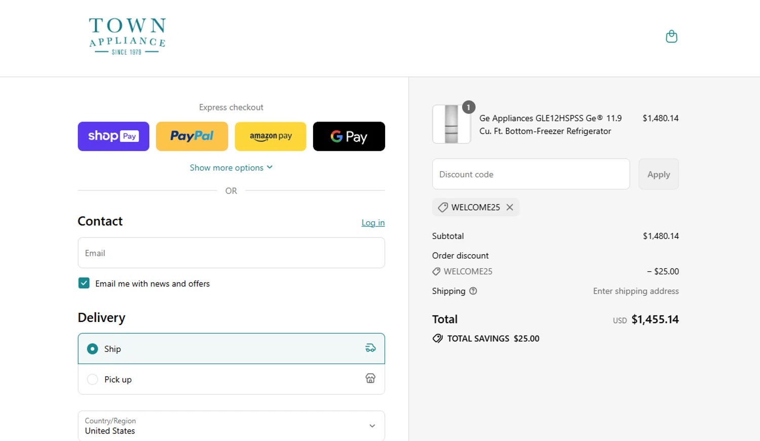 Town Appliance coupon code screenshot showing code WELCOME25 applied at Town Appliance checkout page. Uploaded by SimplyCodes community member WonderSaver8569 on Aug 12, 2025