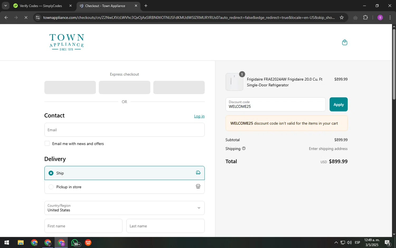 Town Appliance coupon code screenshot showing code WELCOME25 applied at Town Appliance checkout page. Uploaded by SimplyCodes community member youngchecker on May 3, 2025