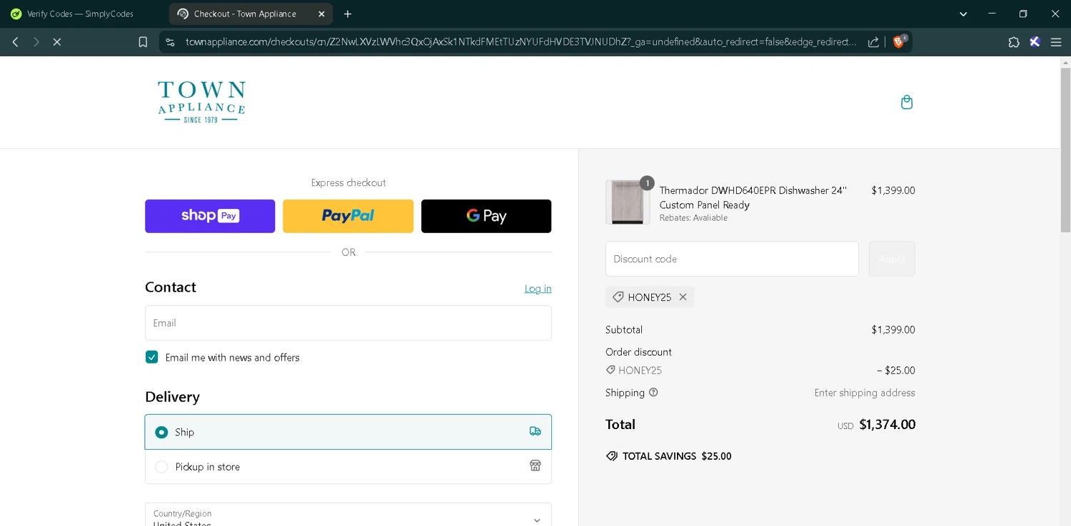 Town Appliance coupon code screenshot showing code Honey25 applied at Town Appliance checkout page. Uploaded by SimplyCodes community member RoyalMaverick7546 on Feb 21, 2025