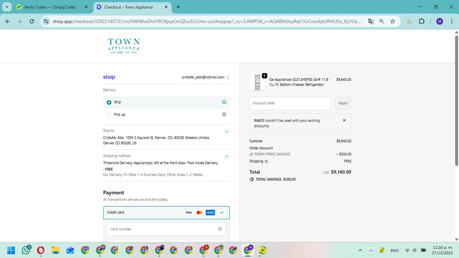 Town Appliance coupon code screenshot showing code RAK25 applied at Town Appliance checkout page. Uploaded by SimplyCodes community member Fundolaroca on Dec 28, 2025