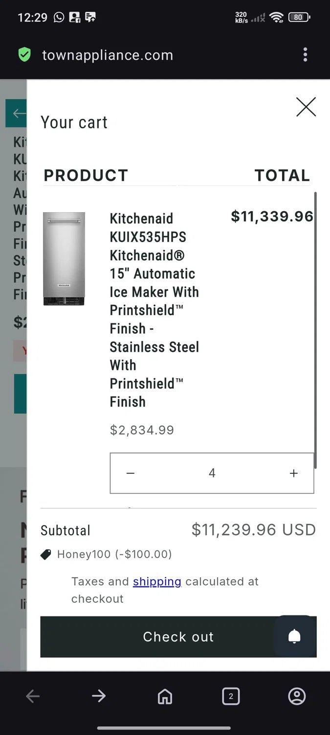 Town Appliance coupon code screenshot showing code Honey100 applied at Town Appliance checkout page. Uploaded by SimplyCodes community member Anubis on Sep 18, 2025