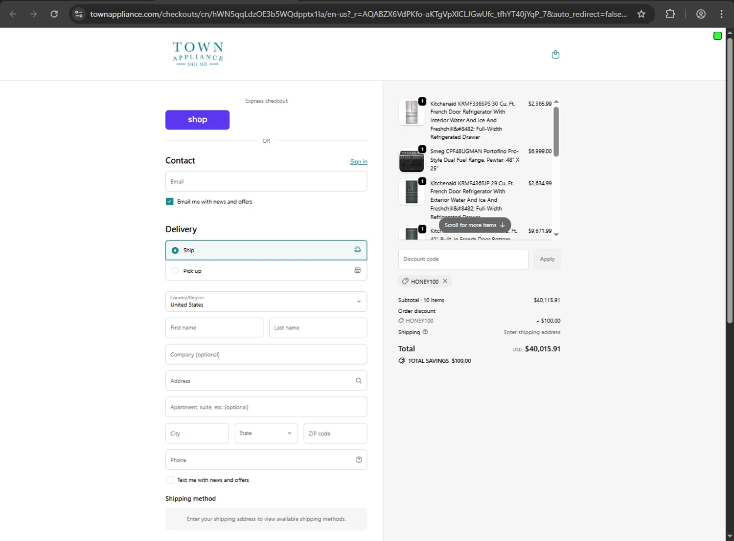 Town Appliance coupon code screenshot showing code Honey100 applied at Town Appliance checkout page. Uploaded by SimplyCodes community member yessy37 on Nov 29, 2025