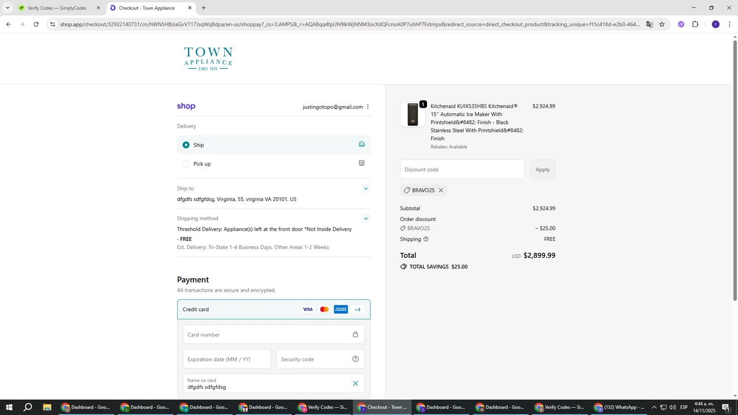 Town Appliance coupon code screenshot showing code BRAVO25 applied at Town Appliance checkout page. Uploaded by SimplyCodes community member AberthGotopo on Nov 14, 2025