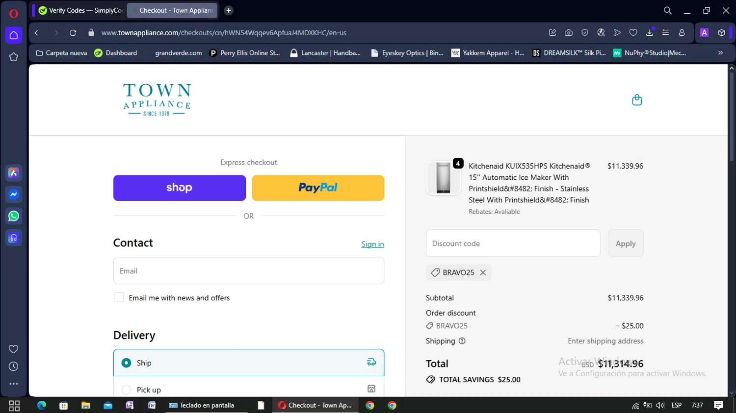 Town Appliance coupon code screenshot showing code BRAVO25 applied at Town Appliance checkout page. Uploaded by SimplyCodes community member yisusgamer on Nov 8, 2025