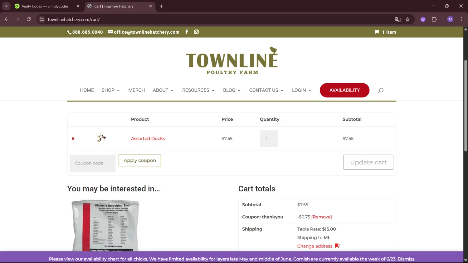 Townline Poultry Farm promo code screenshot showing code THANKYOU applied at Townline Poultry Farm checkout page. Uploaded by SimplyCodes community member MightyShopper3015 on Jun 9, 2025