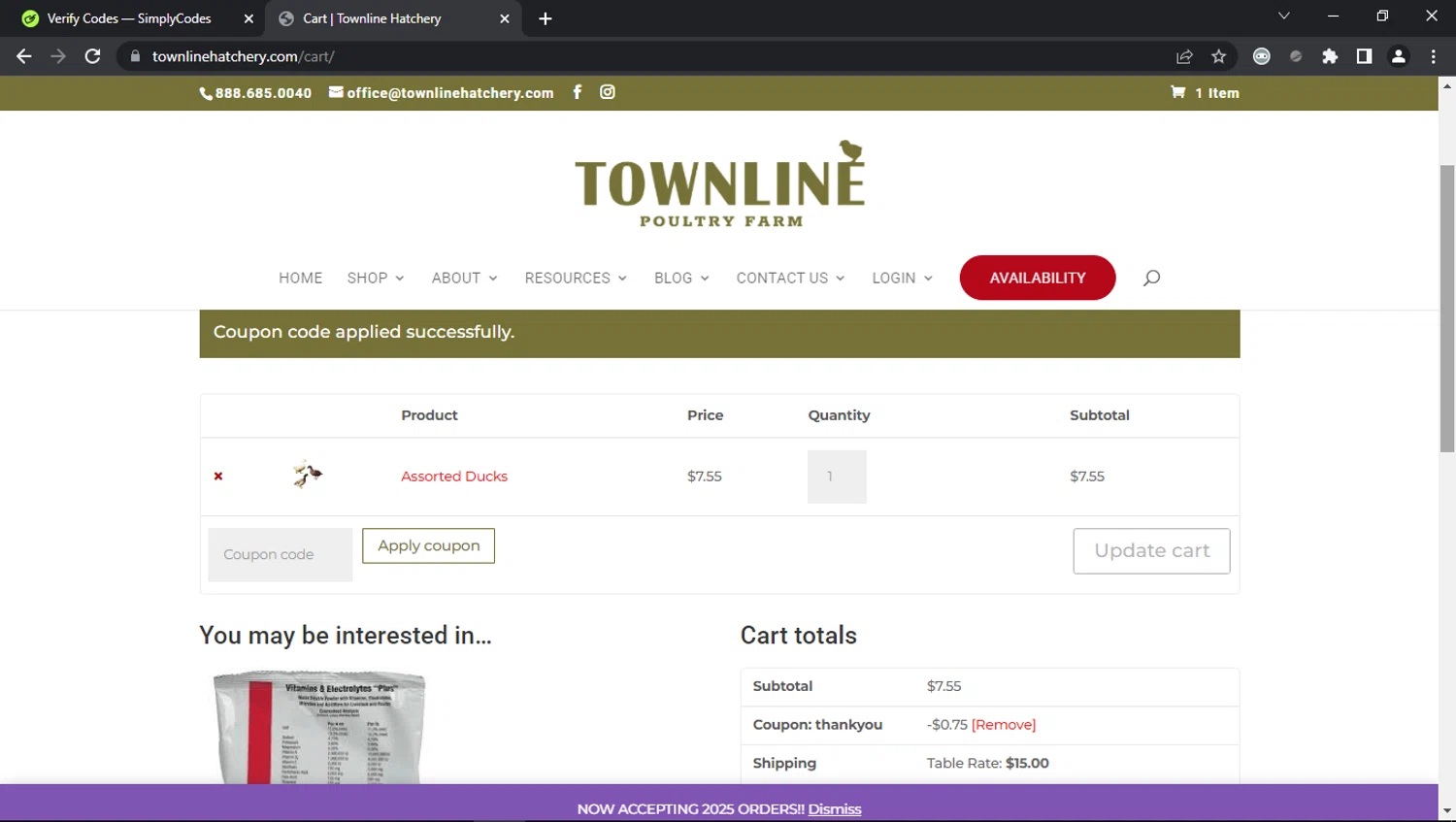 Townline Poultry Farm checkout page showing Townline Poultry Farm promo code box | Screenshot taken by SimplyCodes community member on Jan 28, 2025