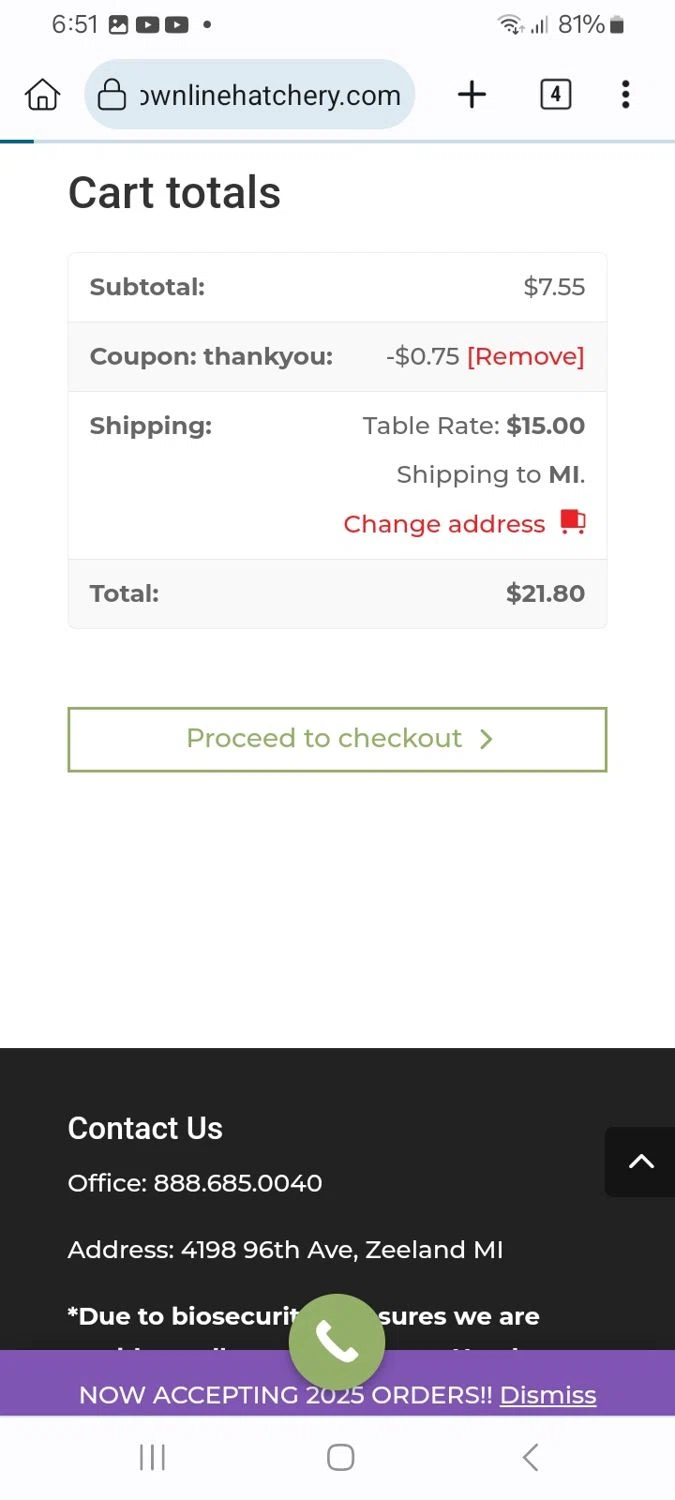 Townline Poultry Farm checkout page showing Townline Poultry Farm promo code box | Screenshot taken by SimplyCodes community member on Feb 19, 2025