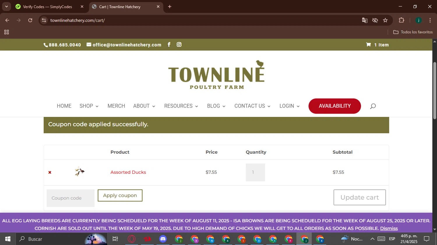 Townline Poultry Farm promo code screenshot showing code THANKYOU applied at Townline Poultry Farm checkout page. Uploaded by SimplyCodes community member BargainHunter8488 on Apr 21, 2025