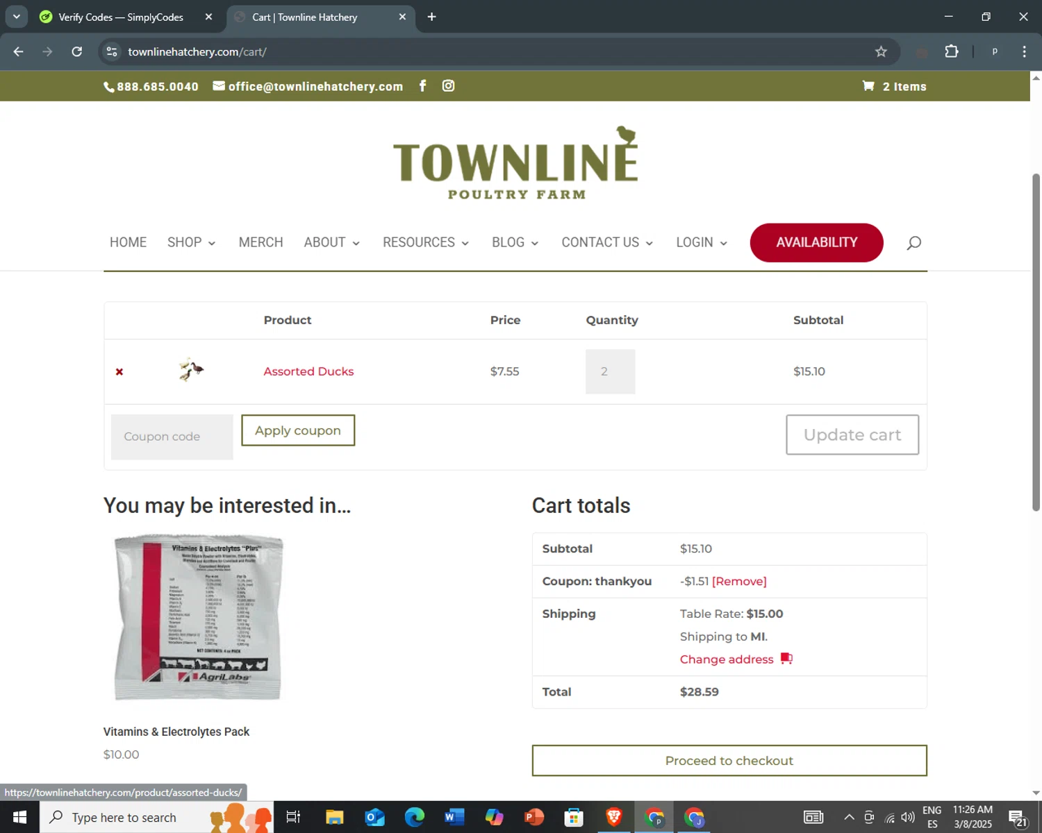 Townline Poultry Farm promo code screenshot showing code THANKYOU applied at Townline Poultry Farm checkout page. Uploaded by SimplyCodes community member PrimeCurator3630 on Mar 8, 2025