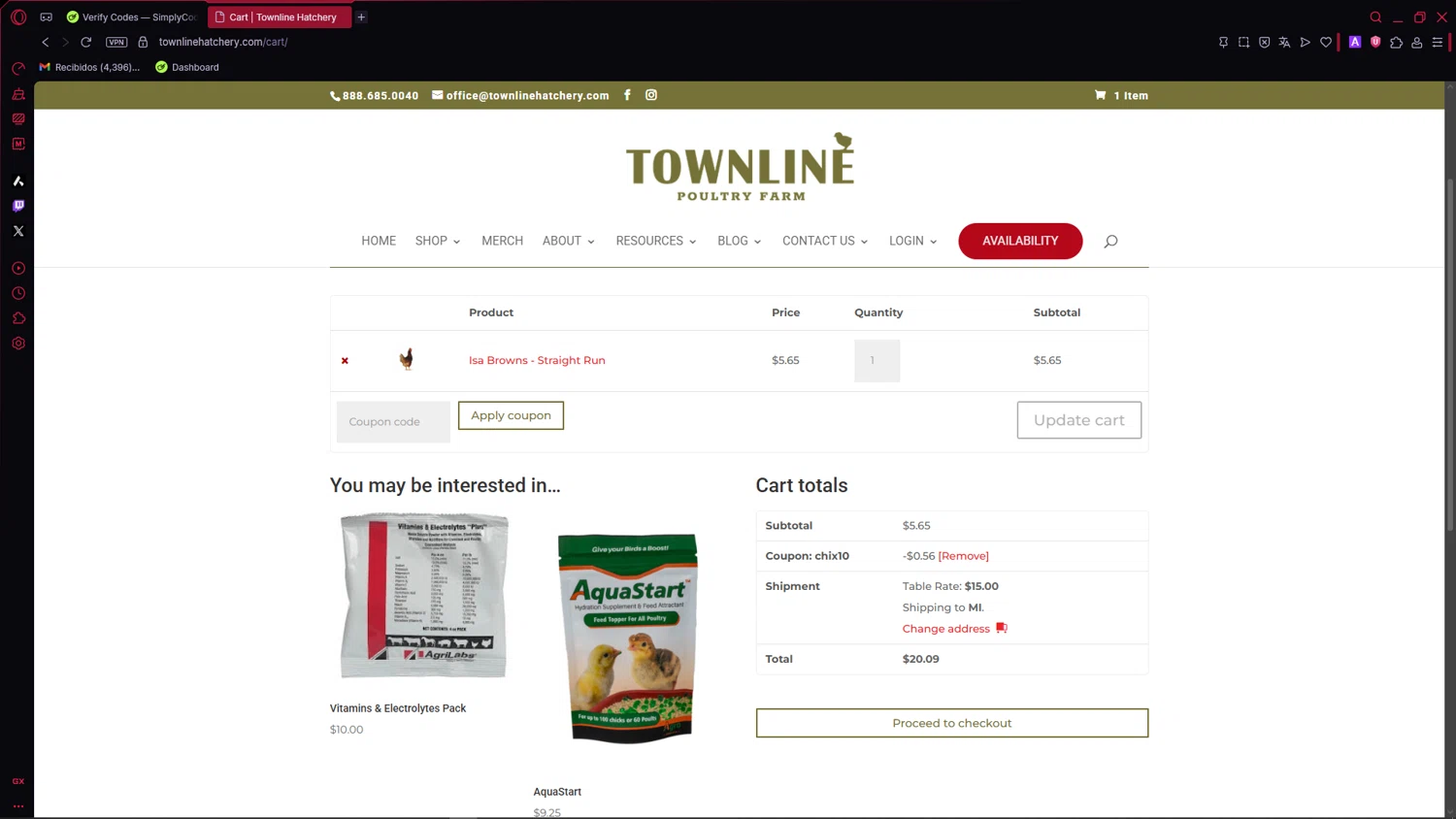Townline Poultry Farm promo code screenshot showing code CHIX10 applied at Townline Poultry Farm checkout page. Uploaded by SimplyCodes community member MagnificentLynx9362 on Mar 30, 2026