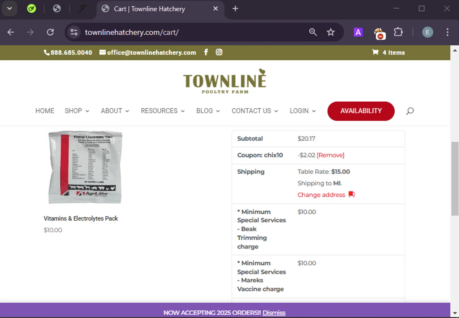Townline Poultry Farm promo code screenshot showing code CHIX10 applied at Townline Poultry Farm checkout page. Uploaded by SimplyCodes community member LuckyExpert7689 on Jan 28, 2025