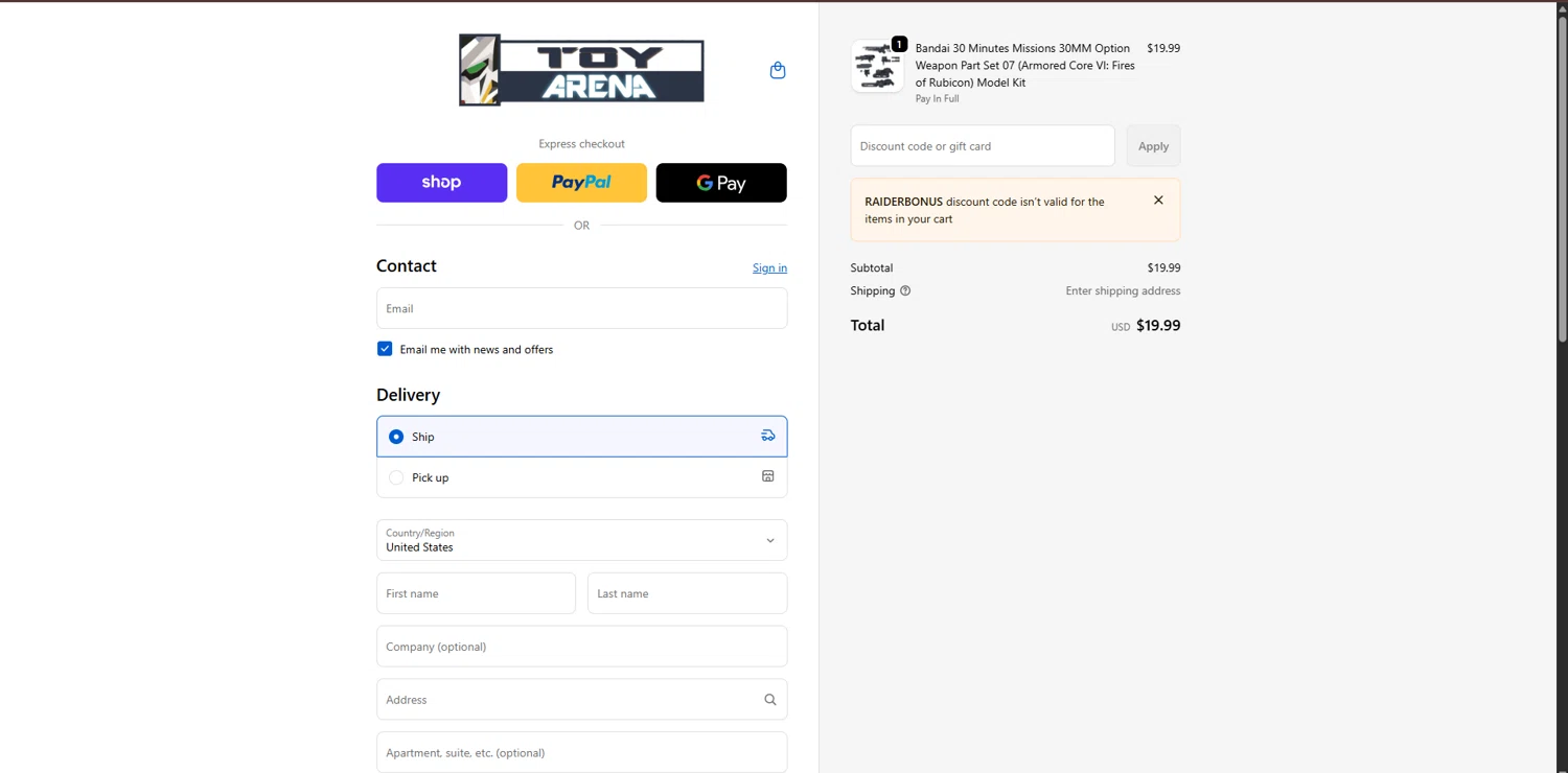 ToyArena discount code screenshot showing code RaiderBonus applied at ToyArena checkout page. Uploaded by SimplyCodes community member DiscountExpert3005 on Dec 22, 2025