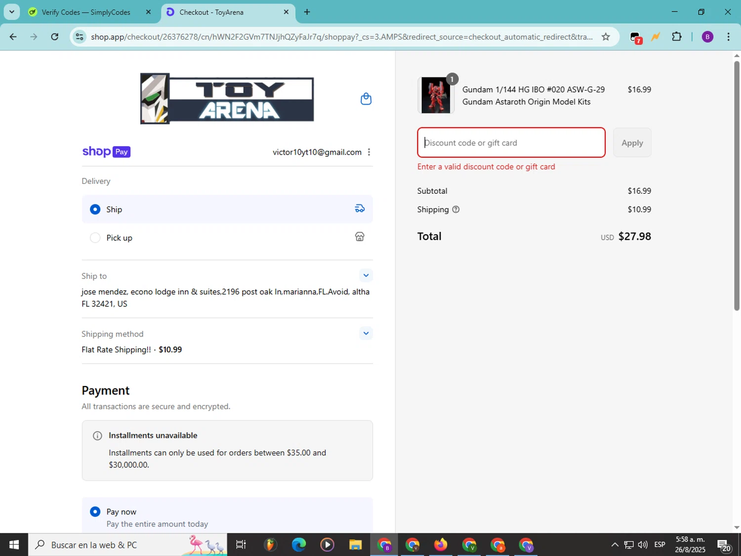 ToyArena discount code screenshot showing code ANNIV25 applied at ToyArena checkout page. Uploaded by SimplyCodes community member Soyvictor on Aug 26, 2025