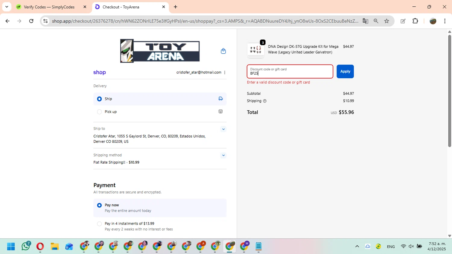 ToyArena discount code screenshot showing code BF25 applied at ToyArena checkout page. Uploaded by SimplyCodes community member FundoEsperanza on Dec 4, 2025