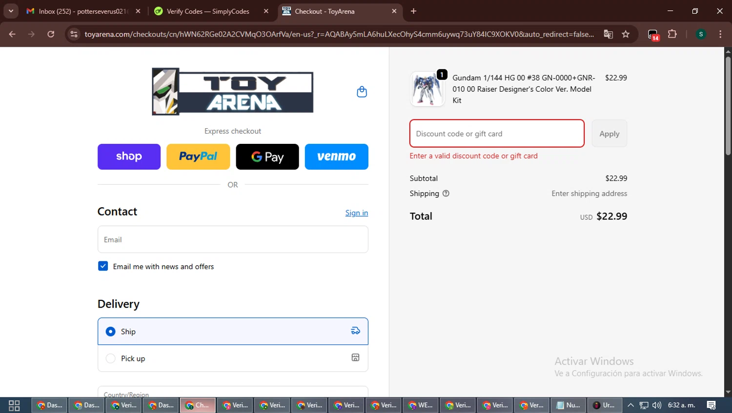ToyArena discount code screenshot showing code BF25 applied at ToyArena checkout page. Uploaded by SimplyCodes community member ShrewdAce7935 on Dec 4, 2025