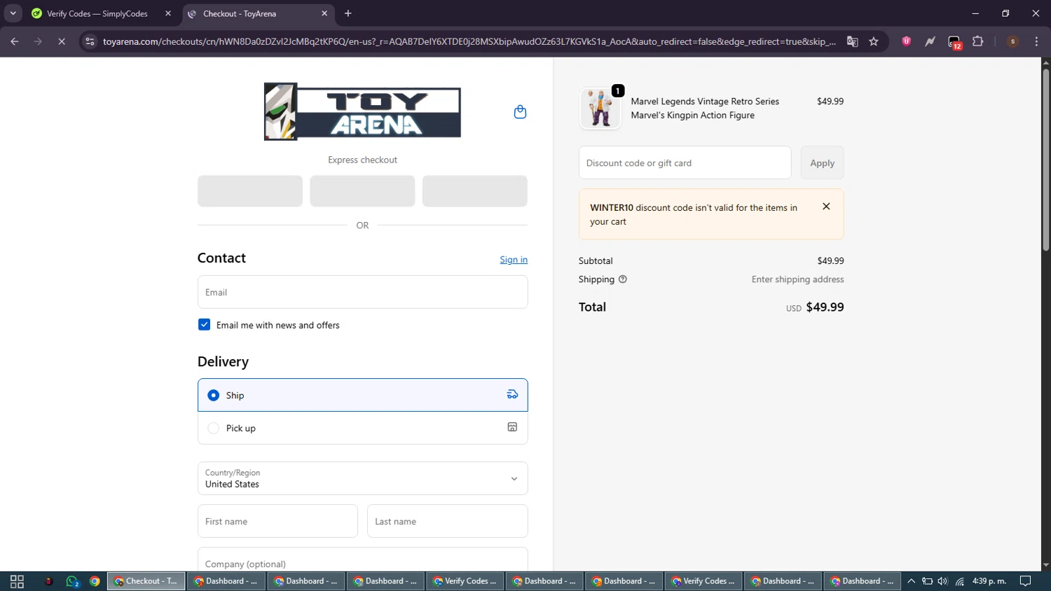 ToyArena checkout page showing ToyArena discount code box | Screenshot taken by SimplyCodes community member on Jan 30, 2026