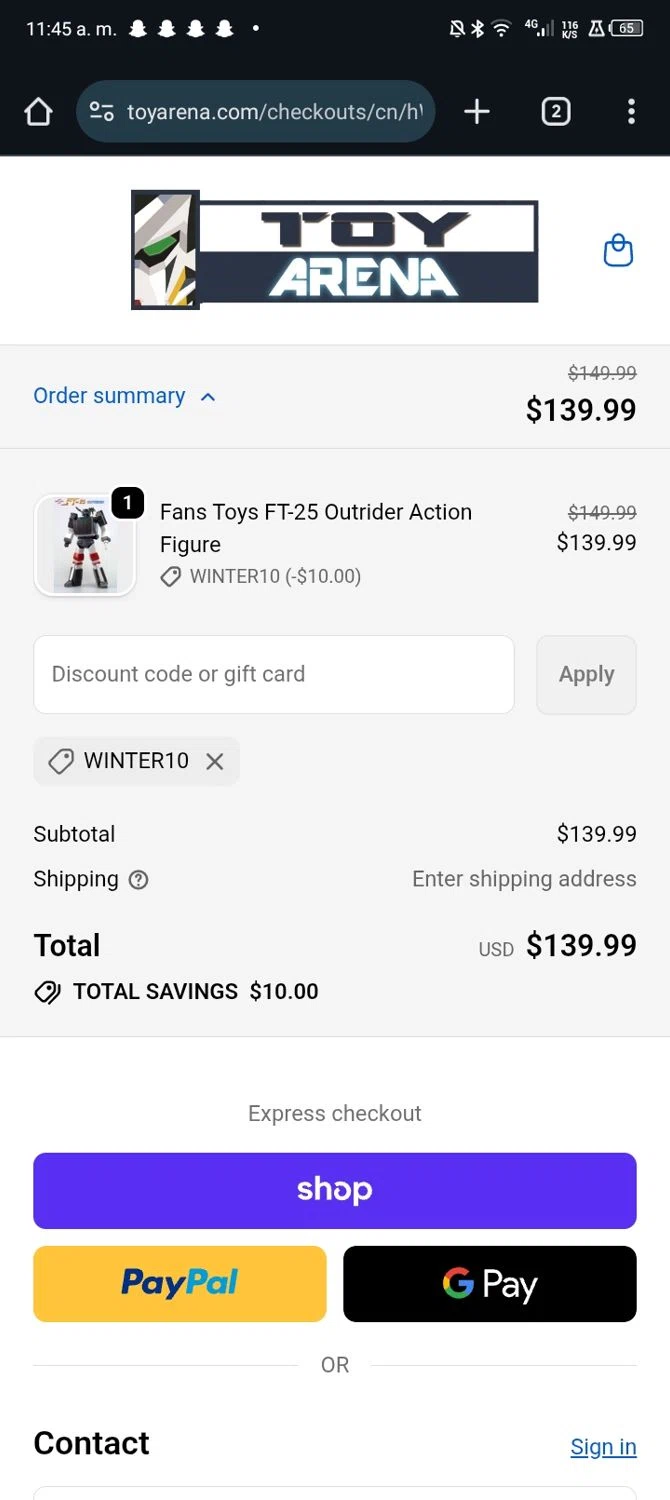 ToyArena discount code screenshot showing code WINTER10 applied at ToyArena checkout page. Uploaded by SimplyCodes community member JandryV on Dec 27, 2025