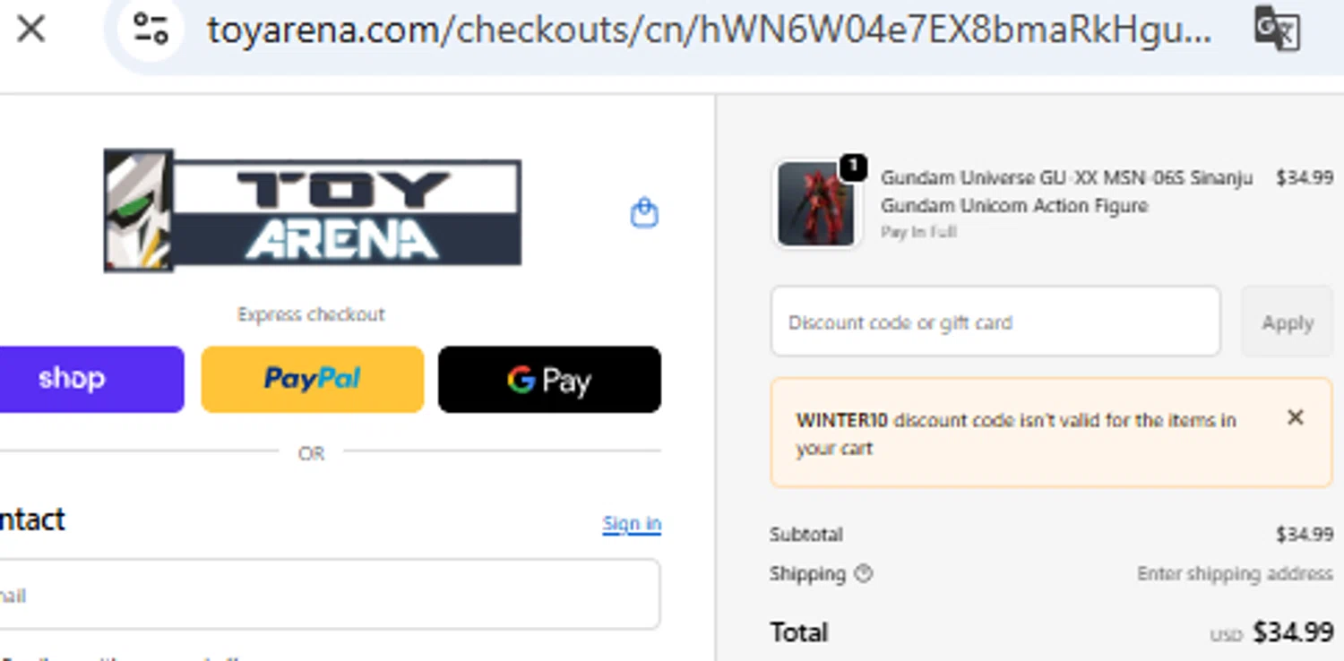 ToyArena discount code screenshot showing code WINTER10 applied at ToyArena checkout page. Uploaded by SimplyCodes community member PennyOwl2559 on Dec 16, 2025
