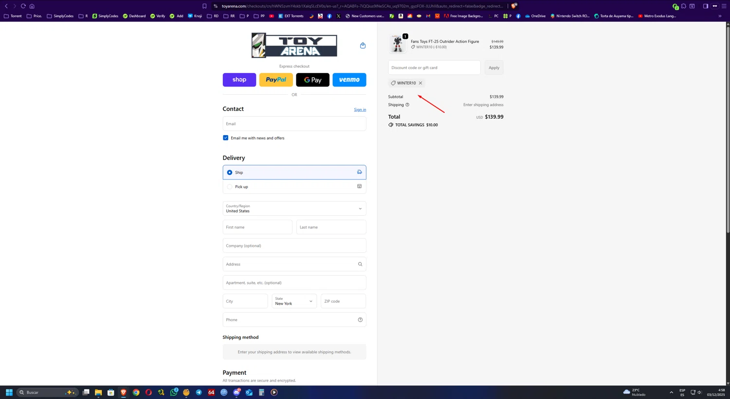 ToyArena discount code screenshot showing code WINTER10 applied at ToyArena checkout page. Uploaded by SimplyCodes community member UnkNownVnzla on Dec 3, 2025