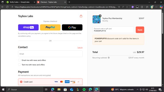 Toybox Labs checkout page showing Toybox Labs coupon code box | Screenshot taken by SimplyCodes community member on Aug 27, 2025