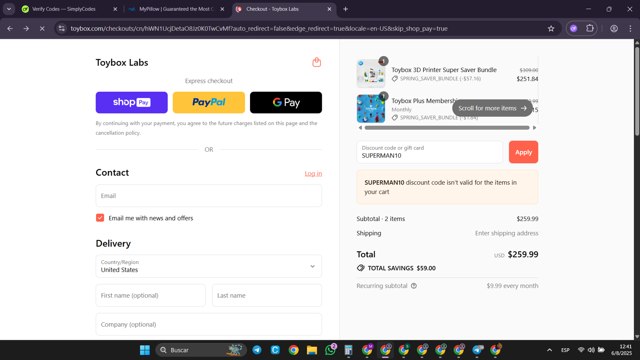 Toybox Labs checkout page showing Toybox Labs coupon code box | Screenshot taken by SimplyCodes community member on Aug 6, 2025