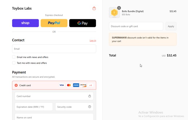 Toybox Labs checkout page showing Toybox Labs coupon code box | Screenshot taken by SimplyCodes community member on Sep 4, 2025