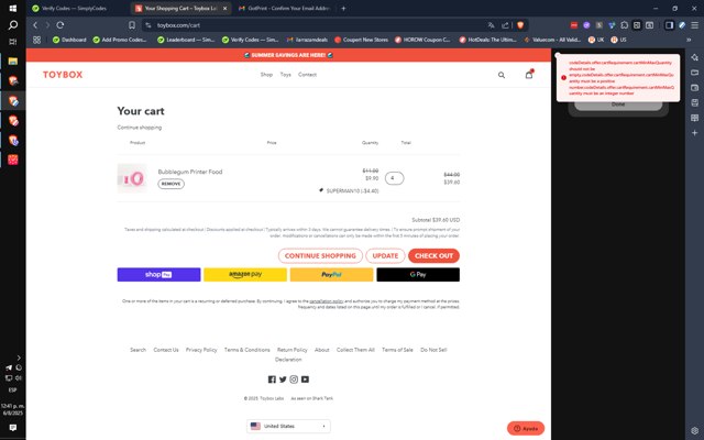 Toybox Labs checkout page showing Toybox Labs coupon code box | Screenshot taken by SimplyCodes community member on Aug 6, 2025