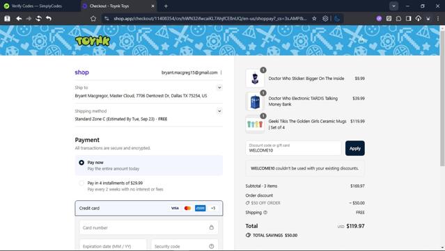 Toynk Toys checkout page showing Toynk Toys discount code box | Screenshot taken by SimplyCodes community member on Sep 16, 2025