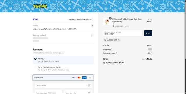 Toynk Toys checkout page showing Toynk Toys discount code box | Screenshot taken by SimplyCodes community member on Sep 16, 2025