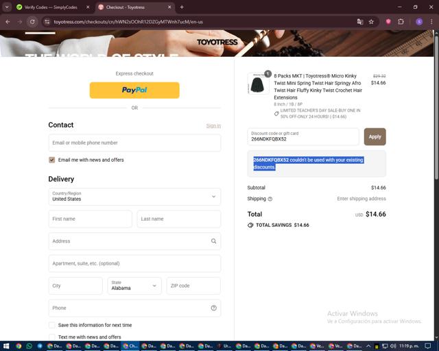Toyotress checkout page showing Toyotress discount code box | Screenshot taken by SimplyCodes community member on Sep 12, 2025