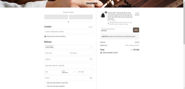 Toyotress checkout page showing Toyotress discount code box | Screenshot taken by SimplyCodes community member on Sep 12, 2025