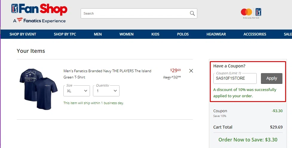 TPC checkout page showing TPC promo code box | Screenshot taken by SimplyCodes community member on Aug 16, 2021