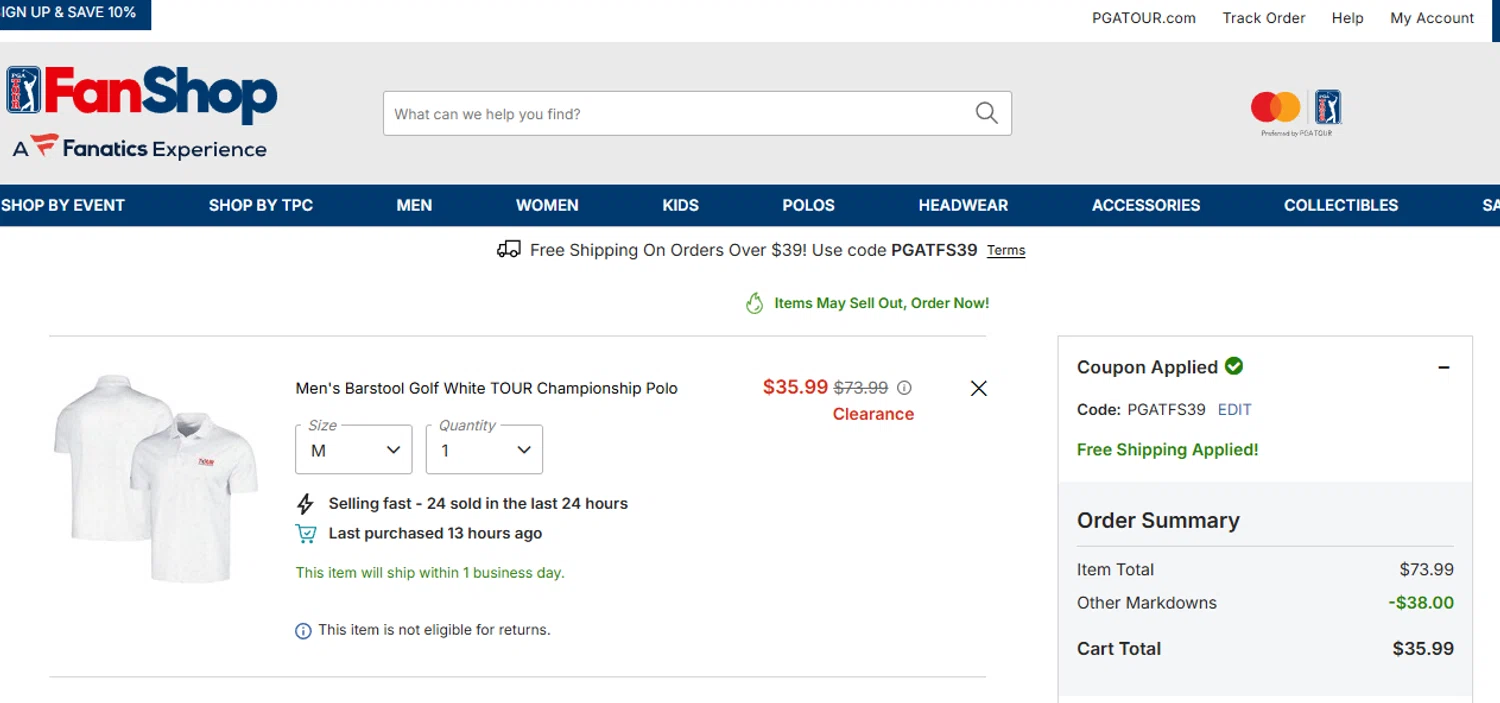 TPC promo code screenshot showing code PGATFS39 applied at TPC checkout page. Uploaded by SimplyCodes community member ashe1986 on Sep 23, 2025