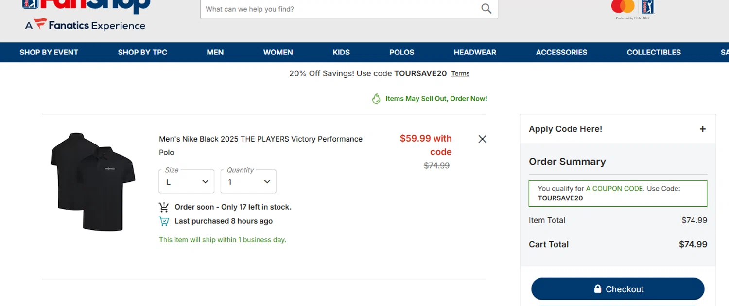 TPC promo code screenshot showing code TOURSAVE20 applied at TPC checkout page. Uploaded by SimplyCodes community member ashe1986 on Jun 16, 2025