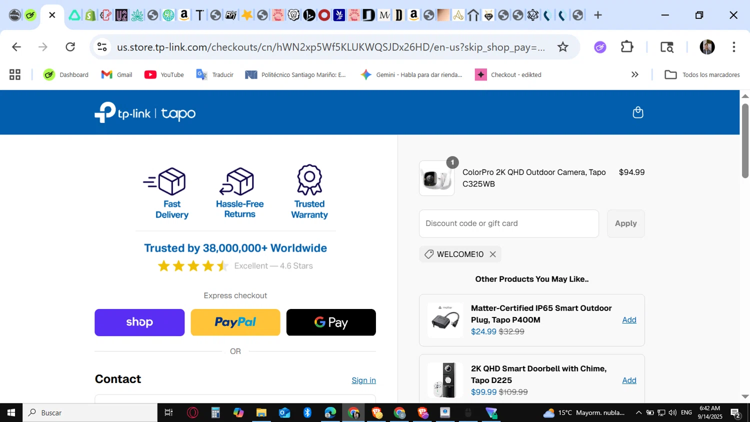 Tp-Link promo code screenshot showing code WELCOME10 applied at Tp-Link checkout page. Uploaded by SimplyCodes community member KataldoMustafack on Sep 14, 2025