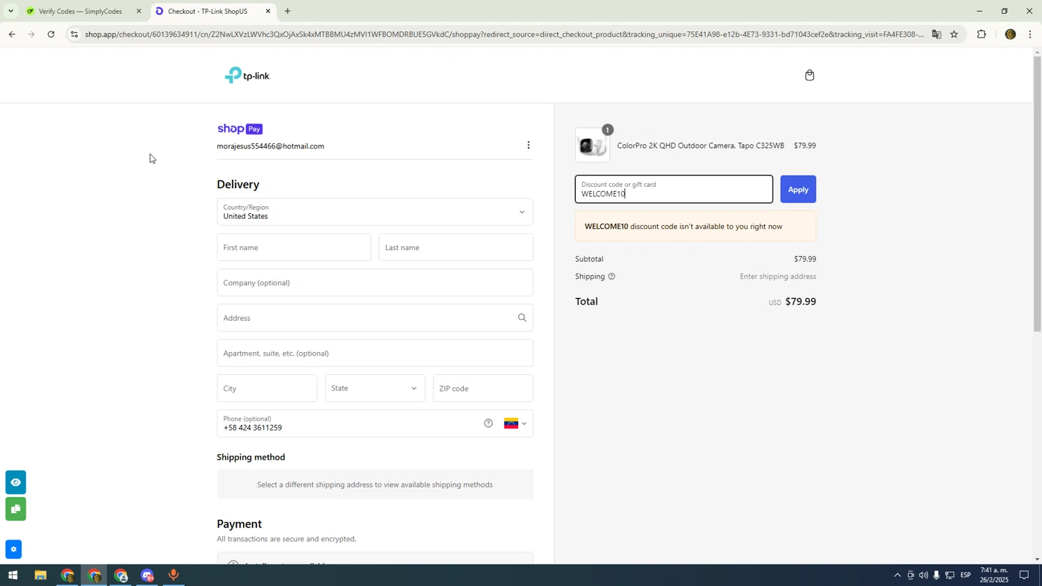 Tp-Link promo code screenshot showing code WELCOME10 applied at Tp-Link checkout page. Uploaded by SimplyCodes community member sfdfgdsfgdfgdfg on Feb 26, 2025
