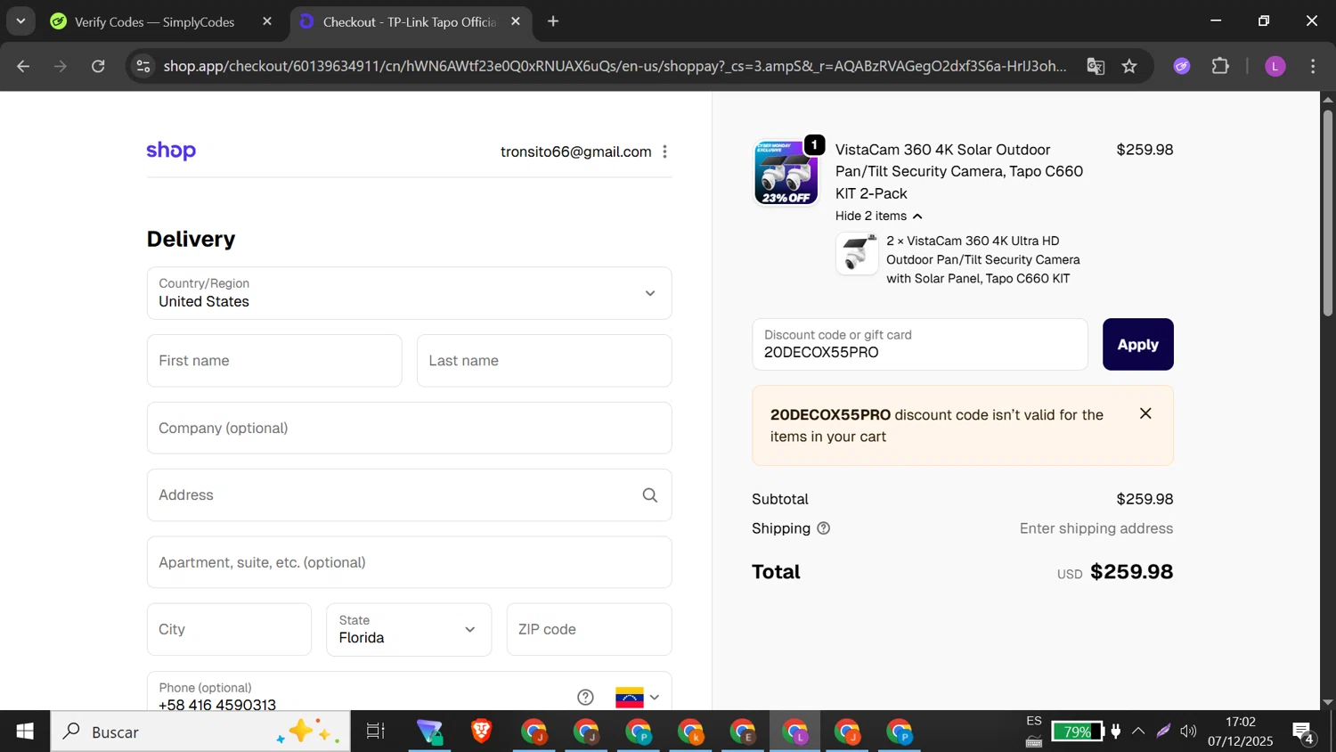 Tp-Link promo code screenshot showing code 20DECOX55PRO applied at Tp-Link checkout page. Uploaded by SimplyCodes community member DiscountMonarch2312 on Dec 7, 2025