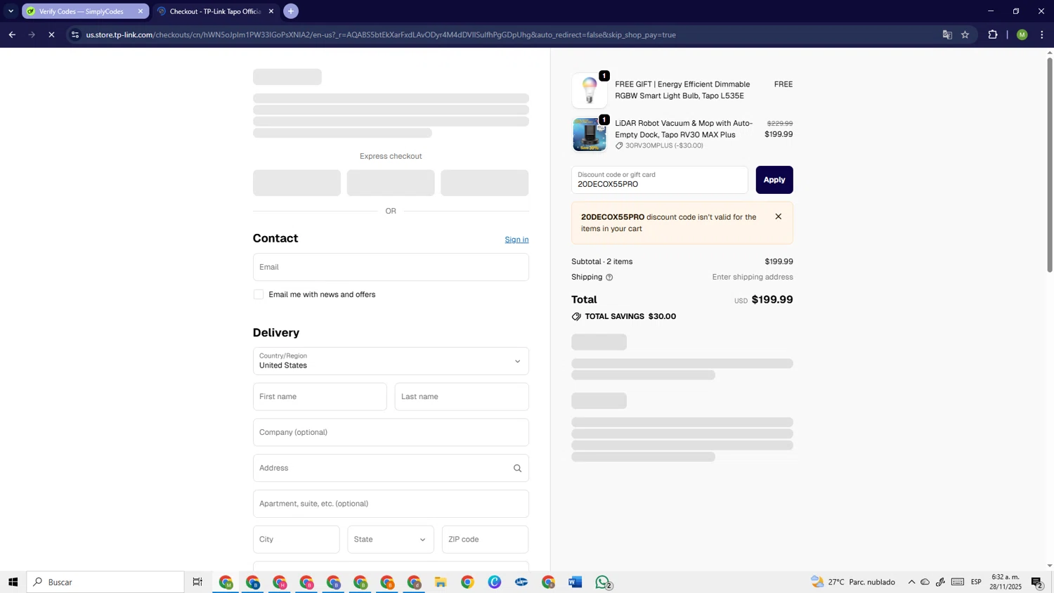 Tp-Link checkout page showing Tp-Link promo code box | Screenshot taken by SimplyCodes community member on Nov 28, 2025