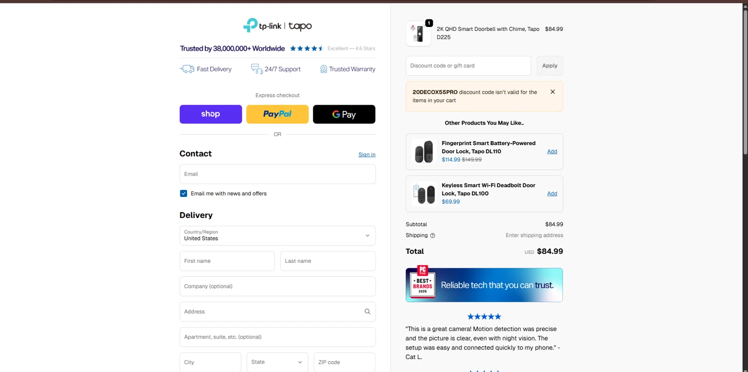 Tp-Link promo code screenshot showing code 20DECOX55PRO applied at Tp-Link checkout page. Uploaded by SimplyCodes community member RebatePioneer1295 on Jan 1, 2026