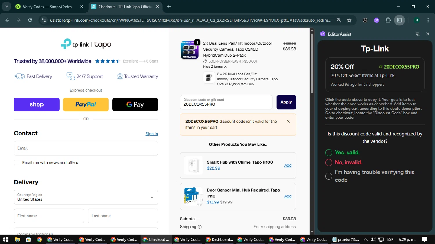 Tp-Link promo code screenshot showing code 20DECOX55PRO applied at Tp-Link checkout page. Uploaded by SimplyCodes community member nataaokiiii on Dec 7, 2025
