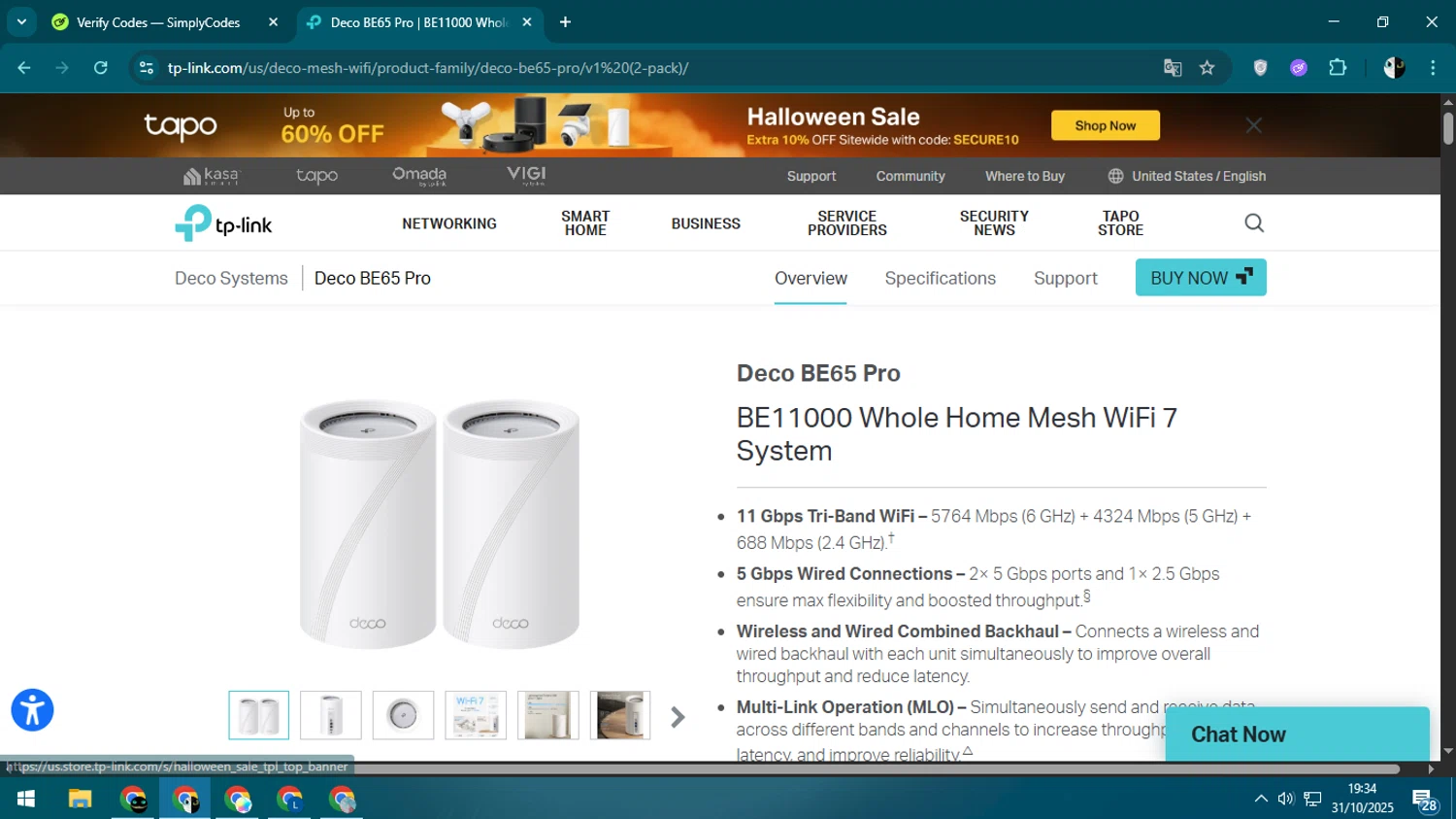 Tp-Link promo code screenshot showing code SECURE10 applied at Tp-Link checkout page. Uploaded by SimplyCodes community member CleverSage9163 on Oct 31, 2025