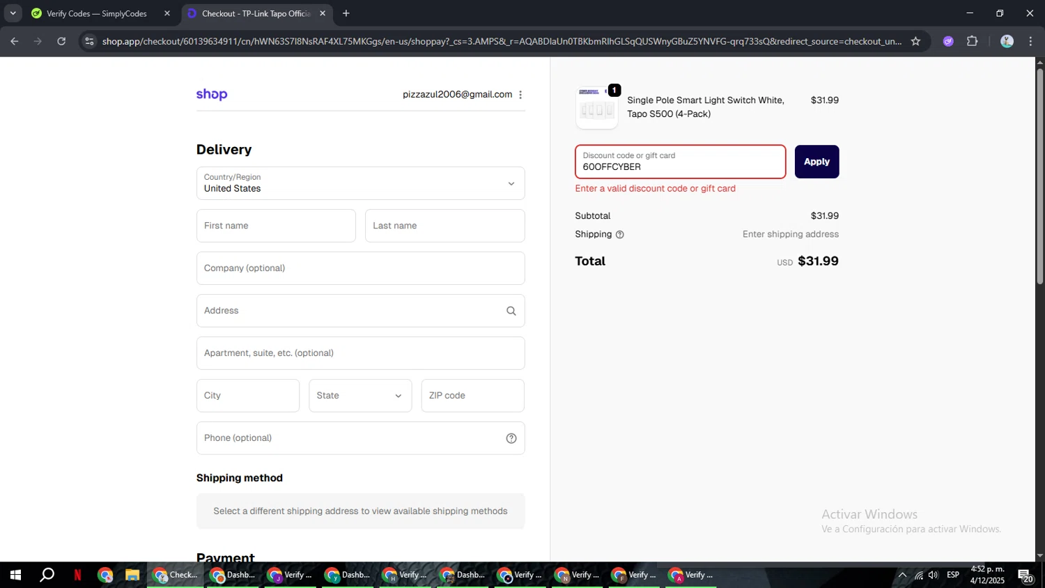 Tp-Link promo code screenshot showing code 60OFFCYBER applied at Tp-Link checkout page. Uploaded by SimplyCodes community member ShrewdSeeker6165 on Dec 4, 2025